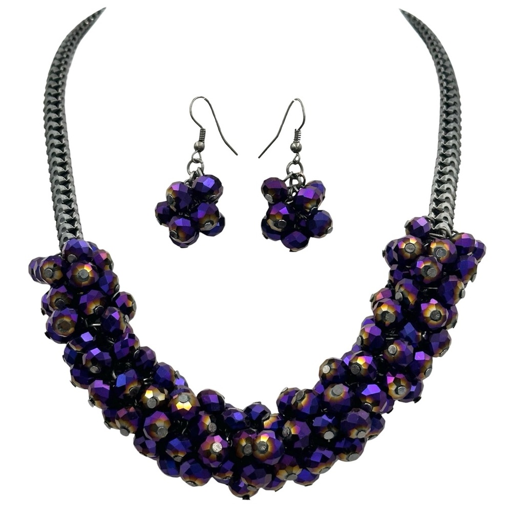 Purple Metallic Glass Bead Cluster Gun Metal Statement Necklace Earrings Set